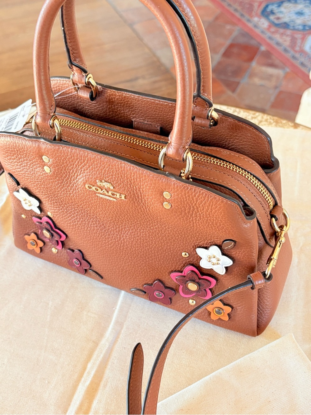 Coach Brown Leather Satchel with Floral Appliqués - Picture 4 of 10